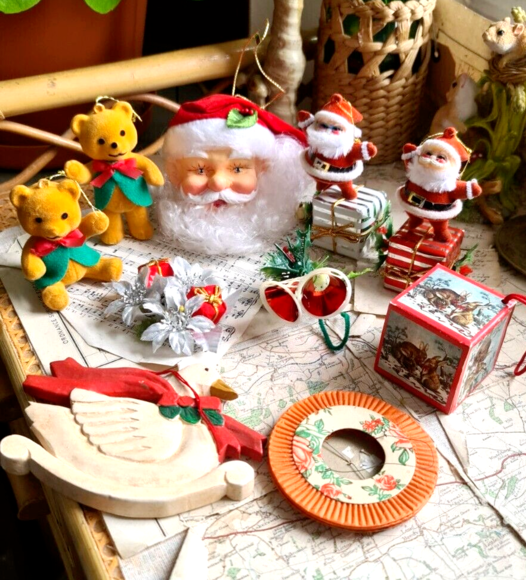 Other - Vintage 10 Christmas Tree Decorations Santa, Plastic Bells,Teddys,Paper Lantern